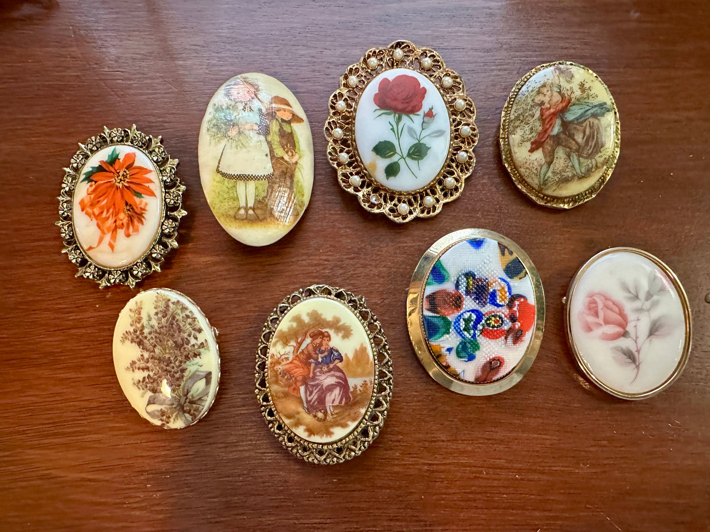 Vintage Victorian Style Portrait Regency Brooch Pin Lot Glass Painted Rose