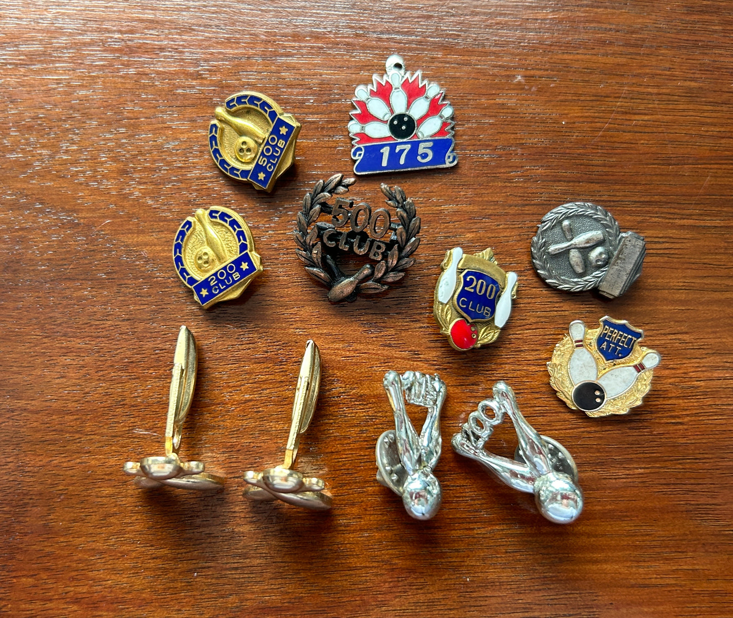 Vintage Bowling Themed Jewelry Lot Cufflinks Broochs Pin Enamel Gold Silver Tone