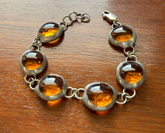 Vintage Sterling Silver 925 Gripoix Poured Amber Colored Glass Bracelet