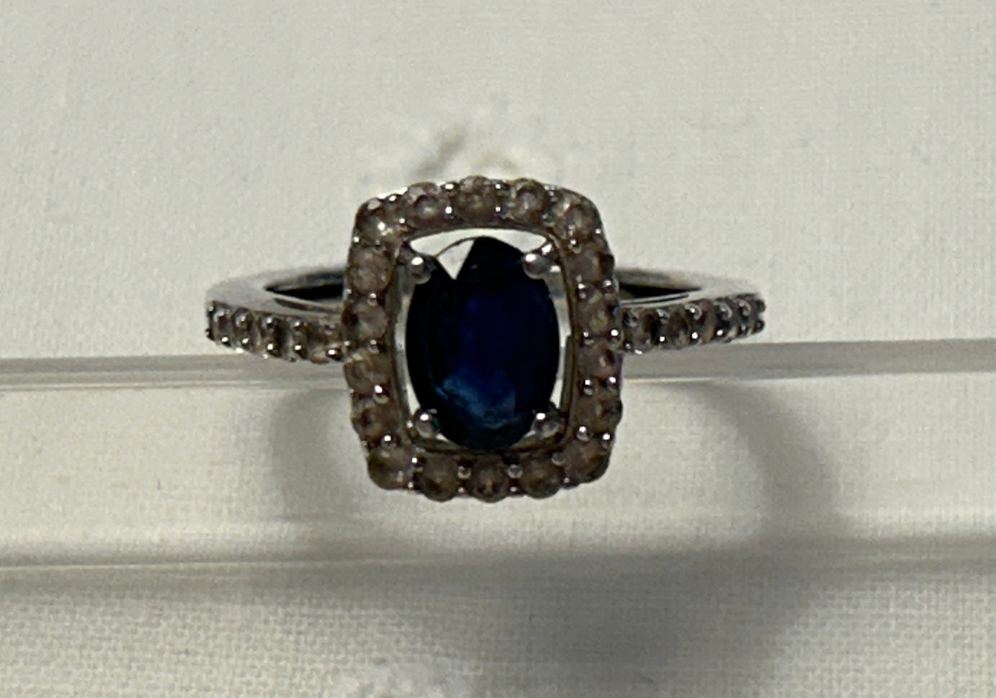 Vintage Oval Sapphire Ring Sterling Silver W Clear Stone Halo Signed