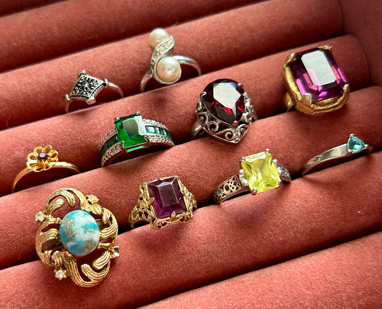 Vintage Lot of Costume Cocktail Rings Rhinestone Gold Silver Tone Faux Pearl