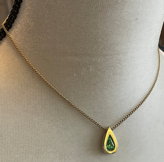 Vintage Gold Tone Avon Ring Slide Tear Drop Pendant Green Stone