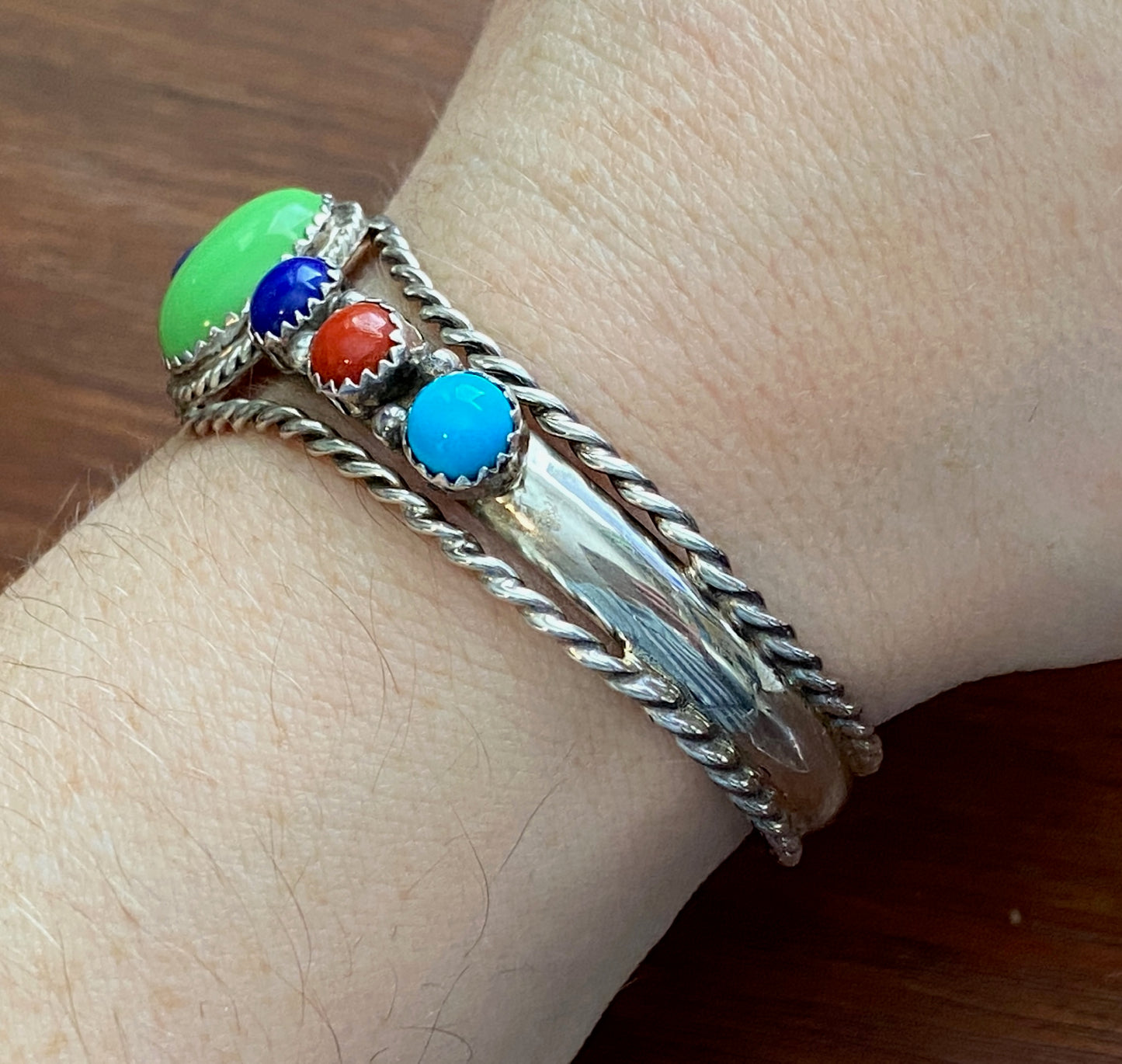 Running Bear Sterling Silver 925 Blue Green Turquoise Coral Lapis Cuff Bracelet