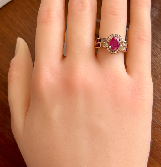 14k Rose Gold Oval Cut Red Ruby Diamond Halo Ring Sz 6