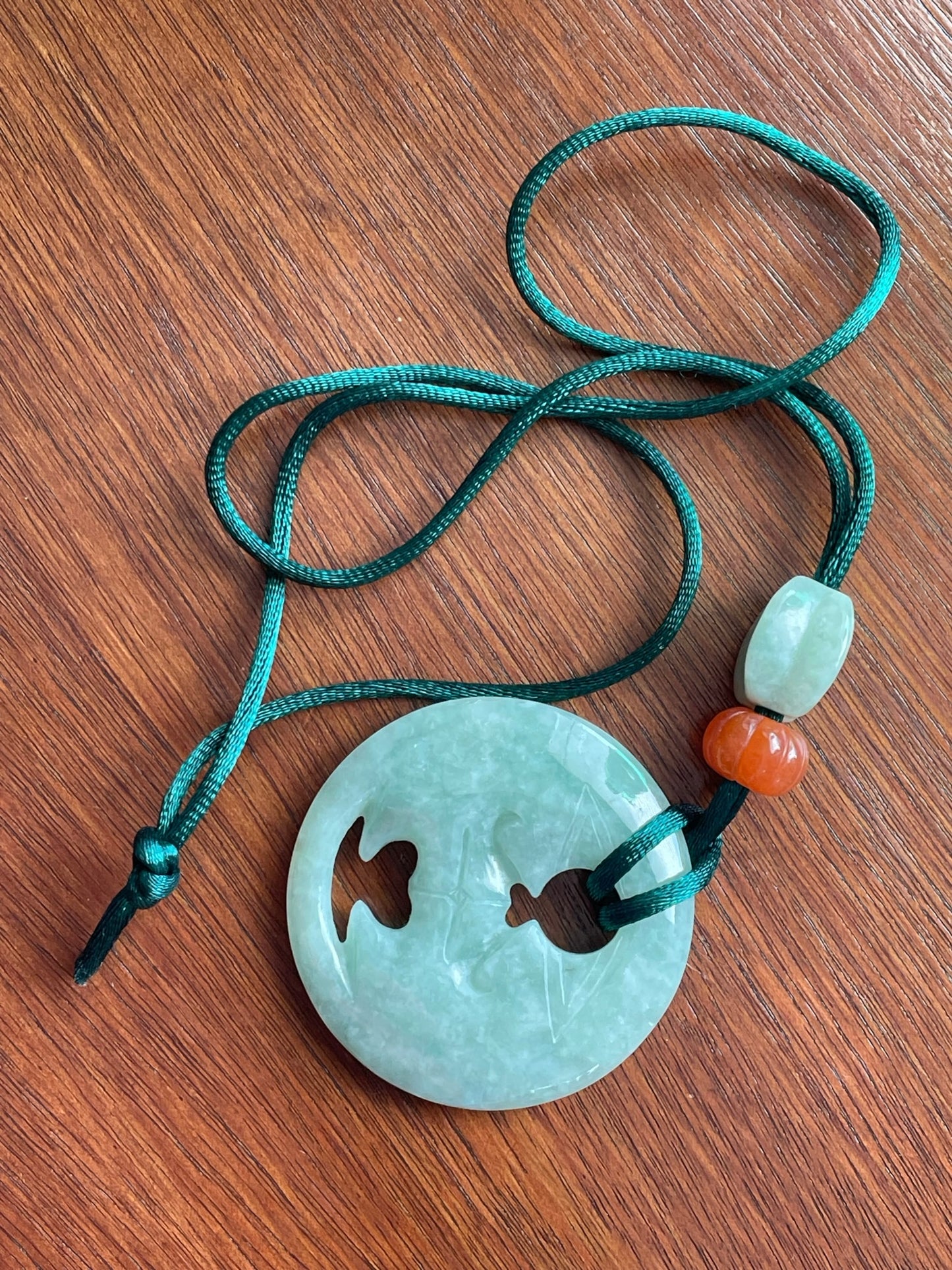 Carved Jade Agate Bead Silk Cord Necklace Moon