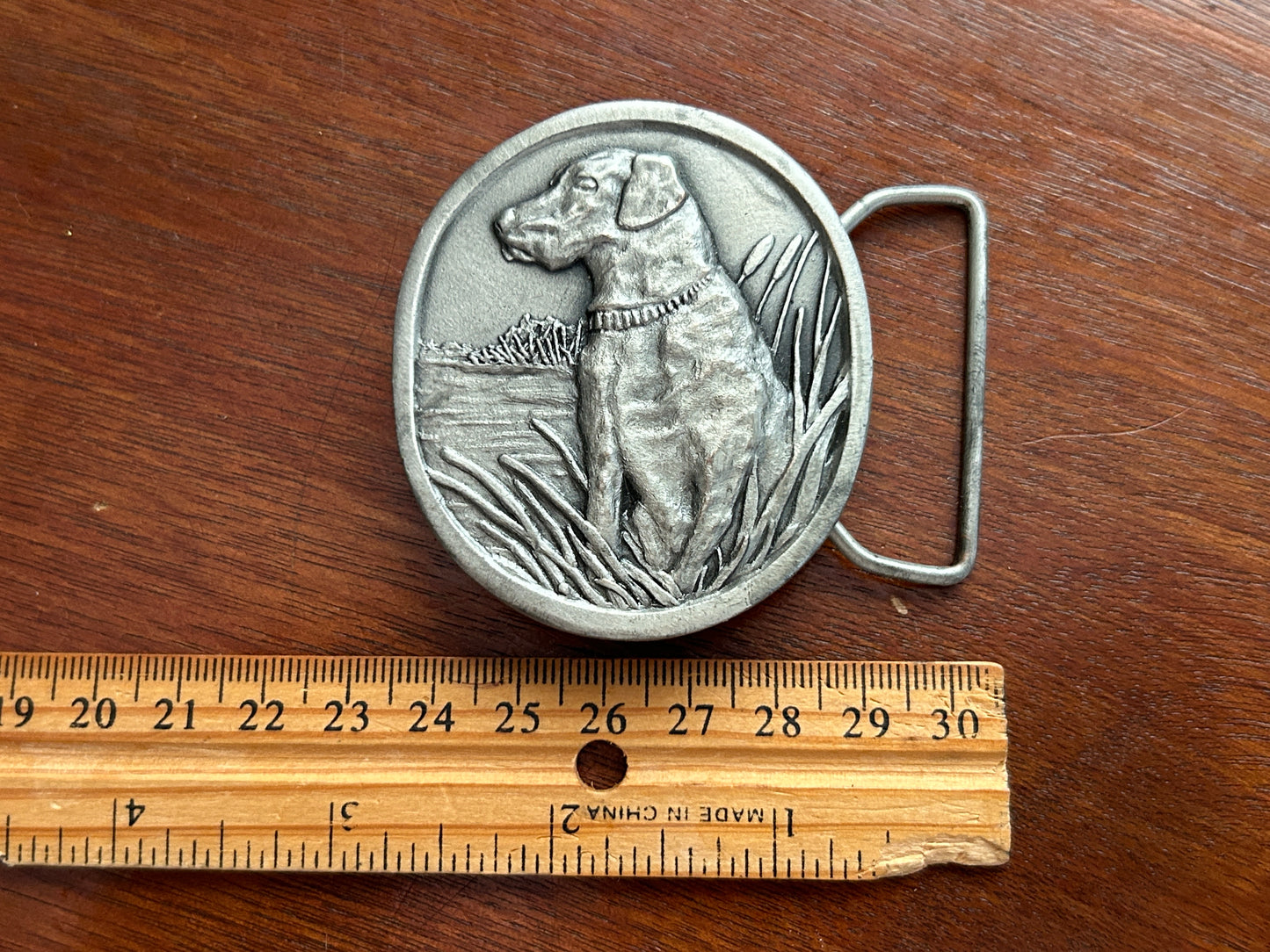 Vintage 1977 Indiana Metal Craft Pewter Labrador Retriever Belt Buckle