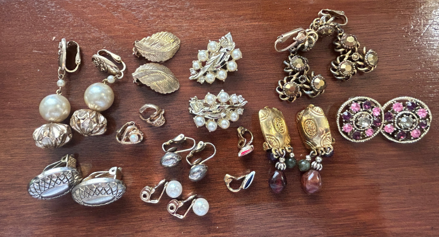 Vintage Clip On Earrings Earring Lot Rhinestone Gold Tone Fax Pearl & More