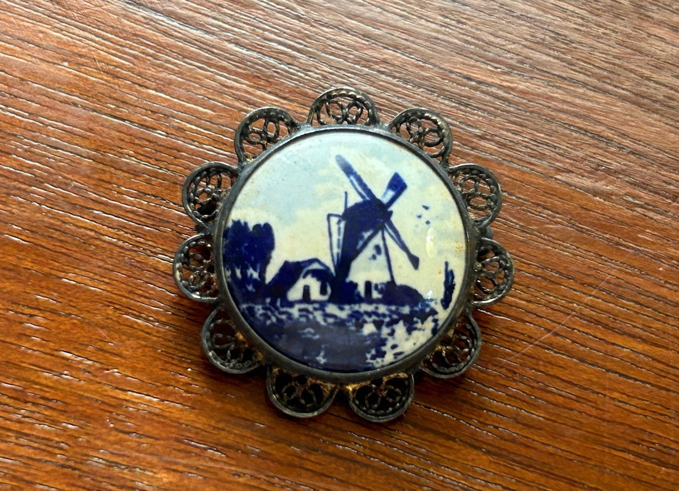 Vintage Silver Filigree Porcelain Blue White Windmill Brooch Pin