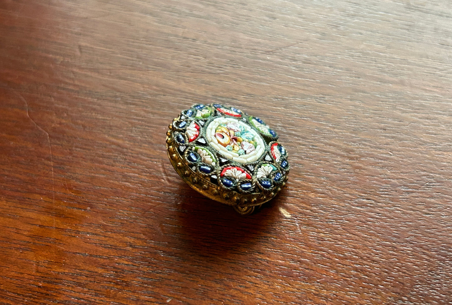 Vintage Micro Mosaic Round Flower Brooch Pin Multicolor