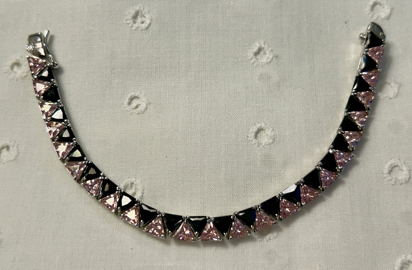 Sterling Silver Trillion Cut Black & Pink Tennis Bracelet