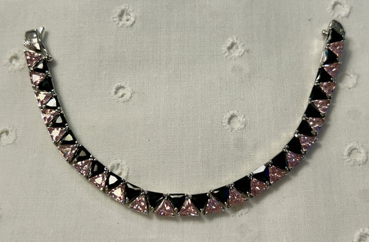 Sterling Silver Trillion Cut Black & Pink Tennis Bracelet