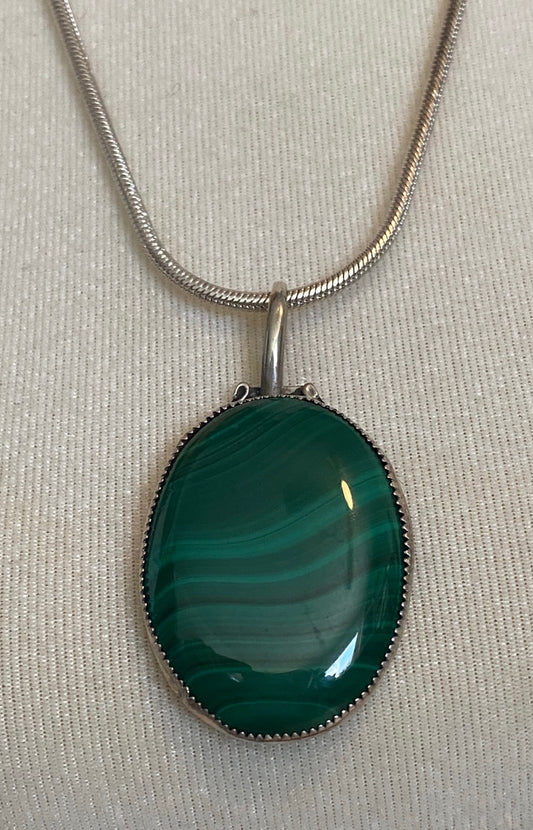 Sterling Silver 925 BOMA Snake Chain Malachite Pendant Necklace