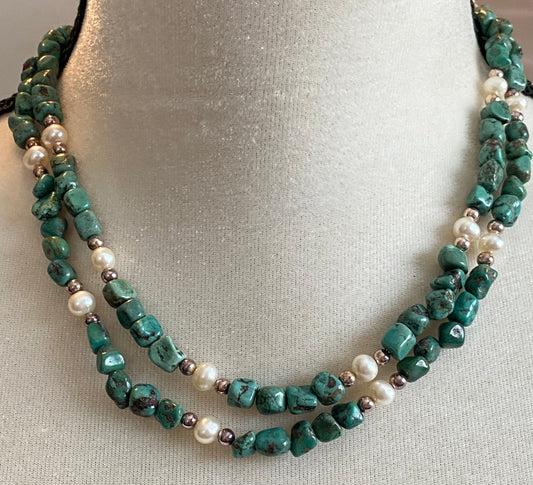 Relios by Carolyn Pollack Green Turquoise Pearl Sterling Silver Necklace