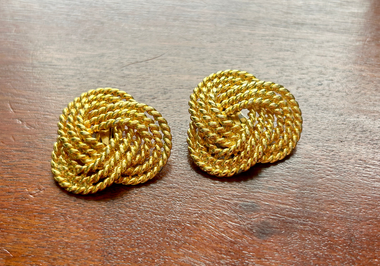 Vintage 80s Gold Tone Large Rope Knot Statement Mogul Pierced Earrings