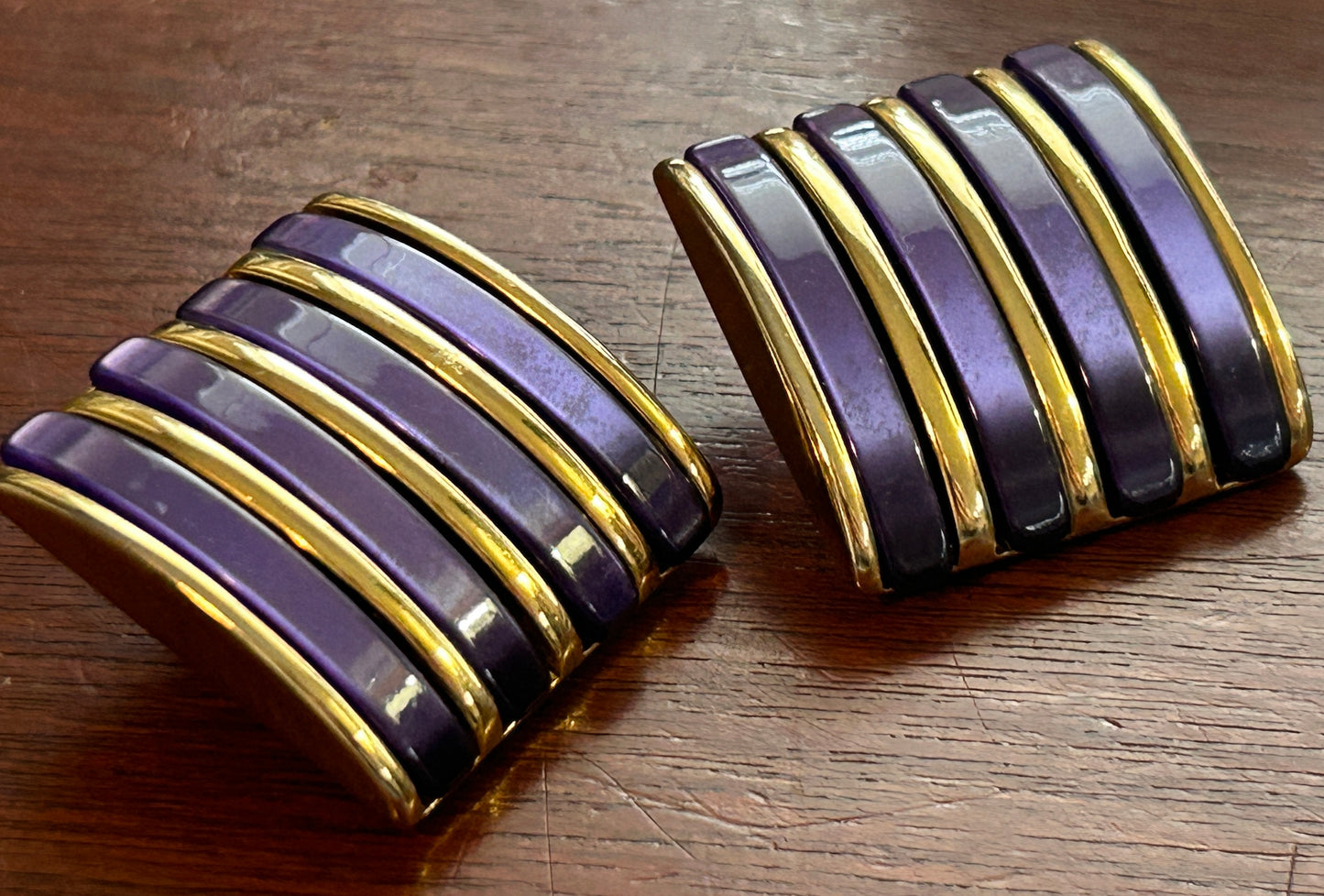 Vintage HUGE Gold Tone Purple Thermoset Clip on Earrings Square