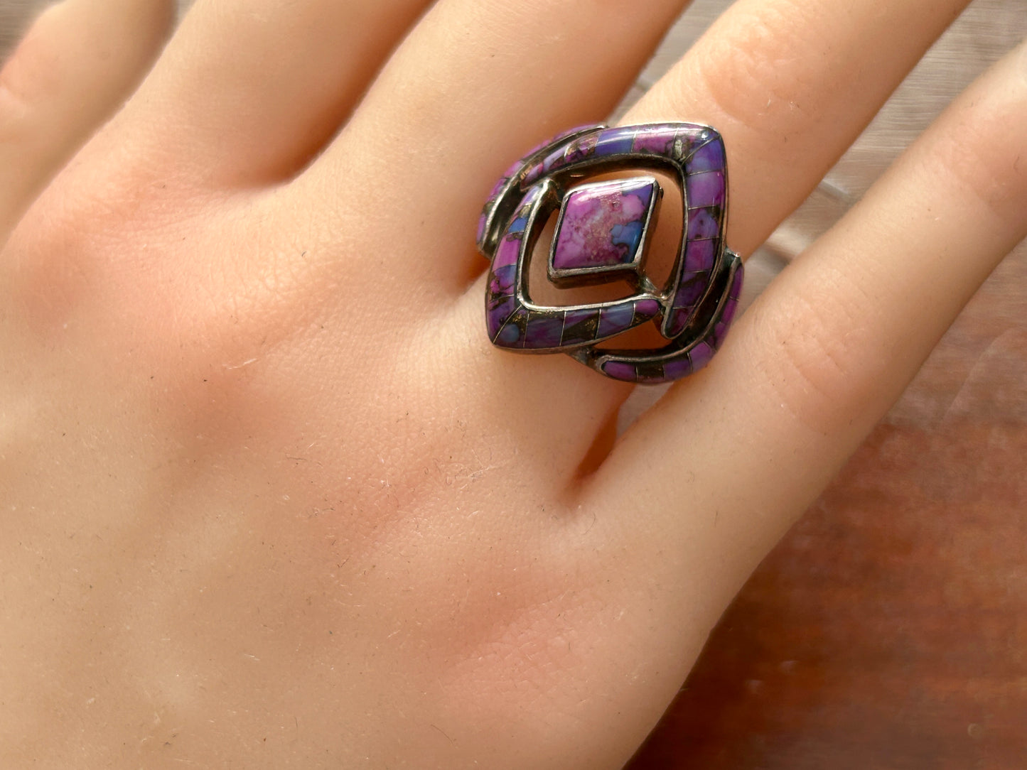 Sterling Silver 925 Purple Turquoise Inlay Modern Large Ring Sz 8.75 - 9