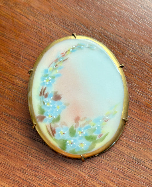 Vintage Large Handpainted Porcelain Gold Tone Oval Brooch Pin