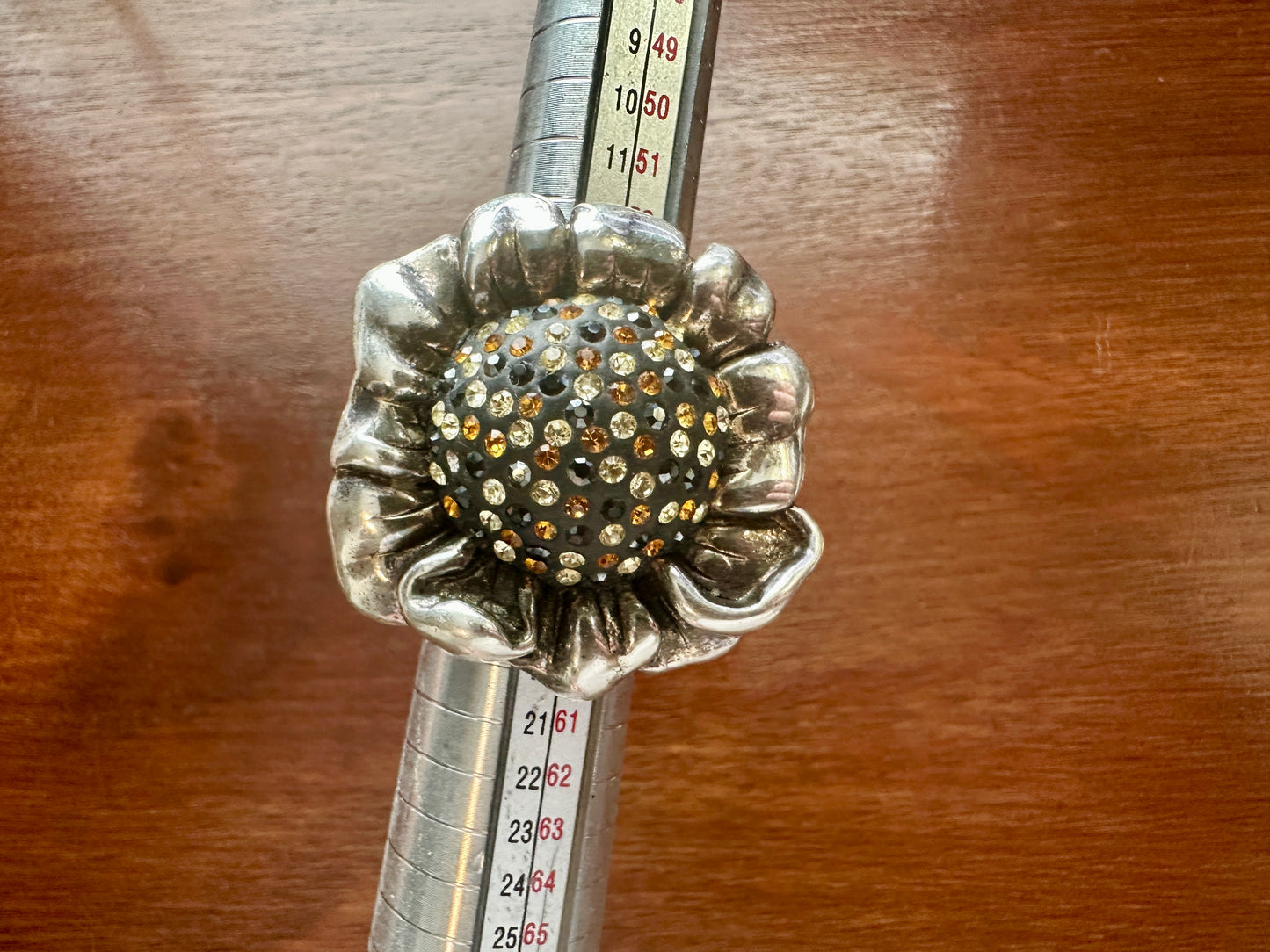 Massive Sterling Silver 925 Puffy Sunflower Rhinestone Cocktail Ring Sz 7.75