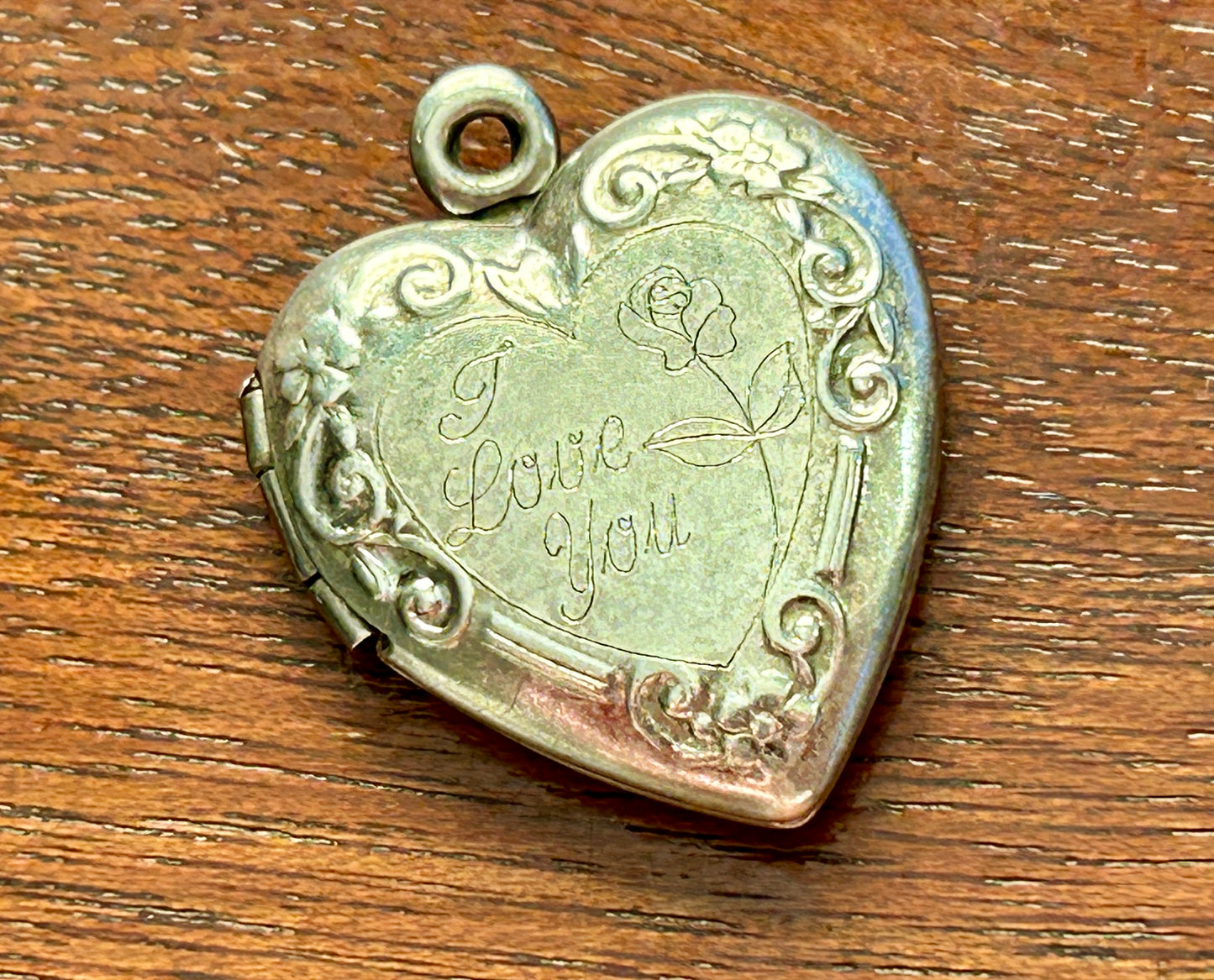 Vintage Etched "I love you" Heart Shaped Sterling Silver Rose Locket Pendant