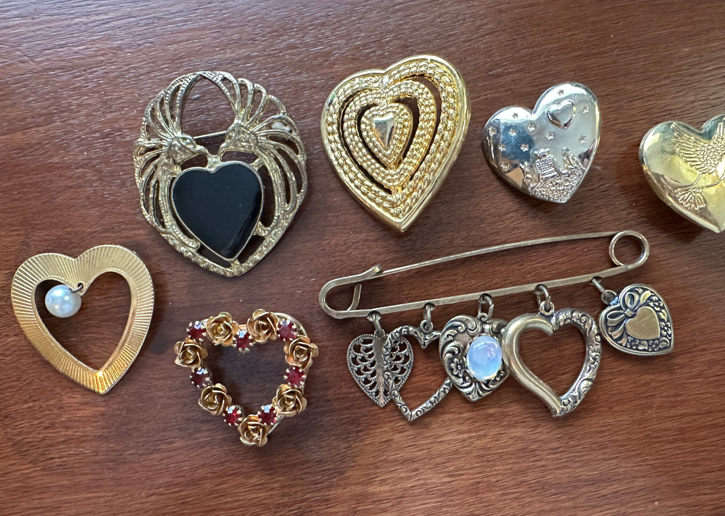 Vintage Gold Tone Heart Shaped Brooch Brooches Pin Lot Dangly Cabochon Rose More