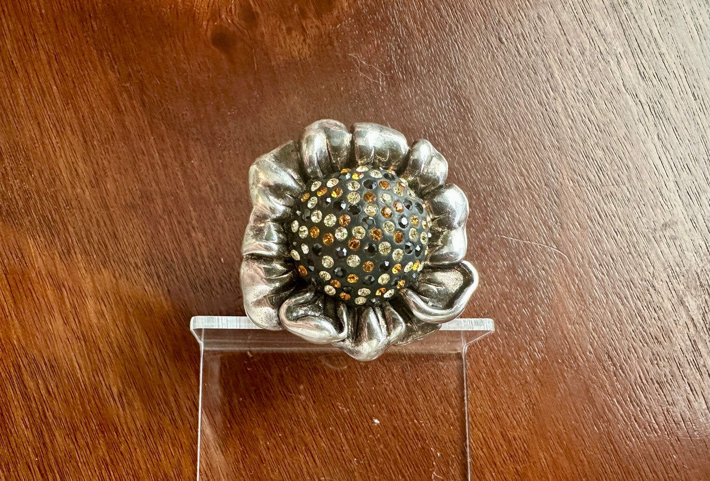 Massive Sterling Silver 925 Puffy Sunflower Rhinestone Cocktail Ring Sz 7.75