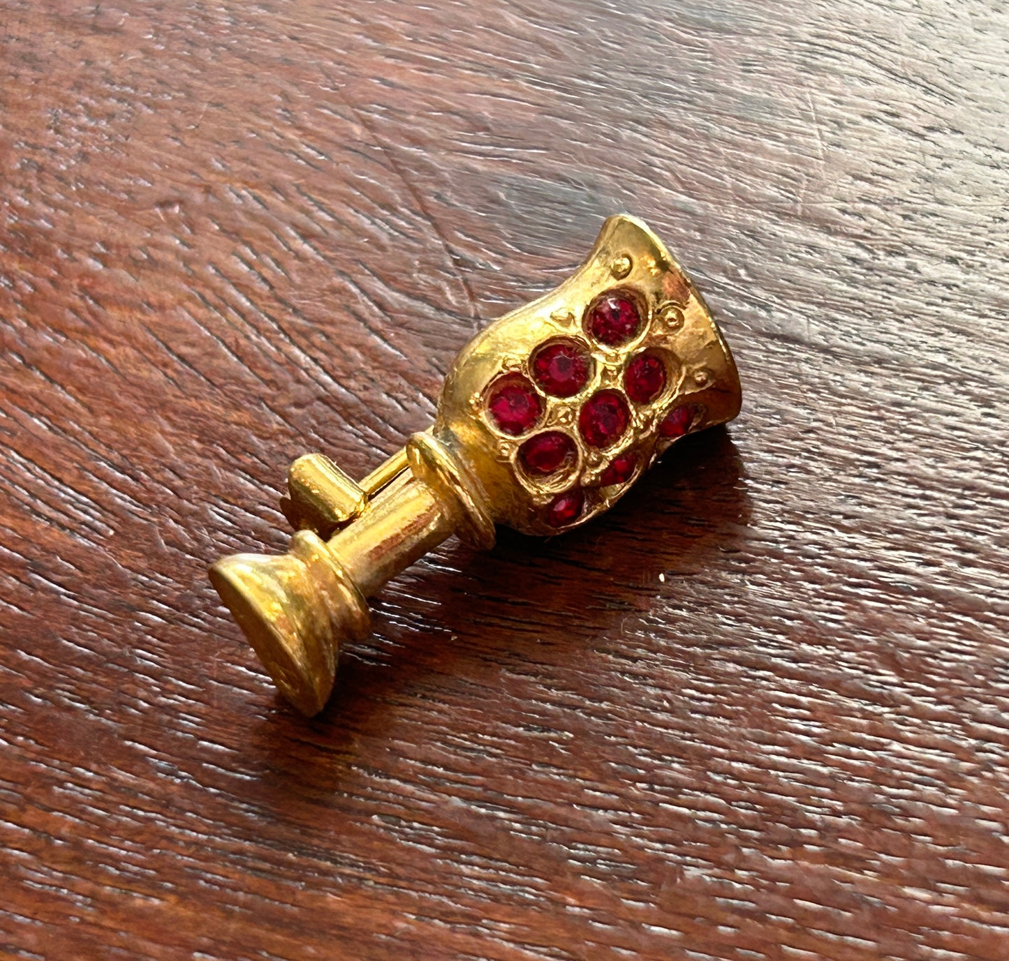 Vintage Gold Tone Red Rhinestone Chalice Cup Brooch Pin Pinback