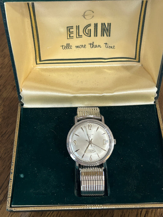 Vintage Silver Tone Elgin Self Winding Automatic Day Date Wristwatch w Box