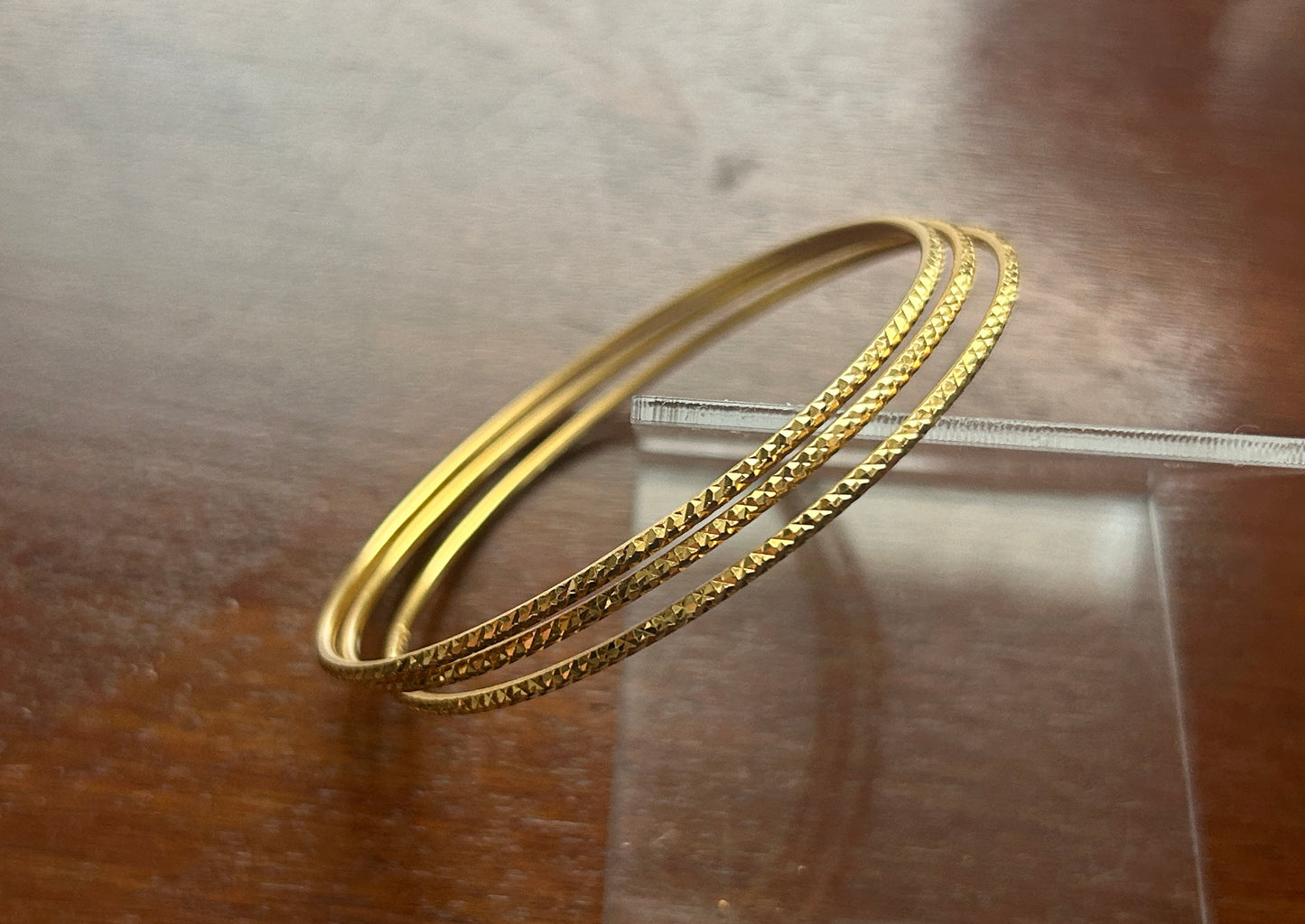 Set of 3 Faceted Diamond Pattern Thin 22k Yellow Gold Bangle Bracelets