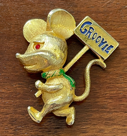 Vintage JJ Jonette Groovie Mouse Rhinestone Eye Pin Brooch