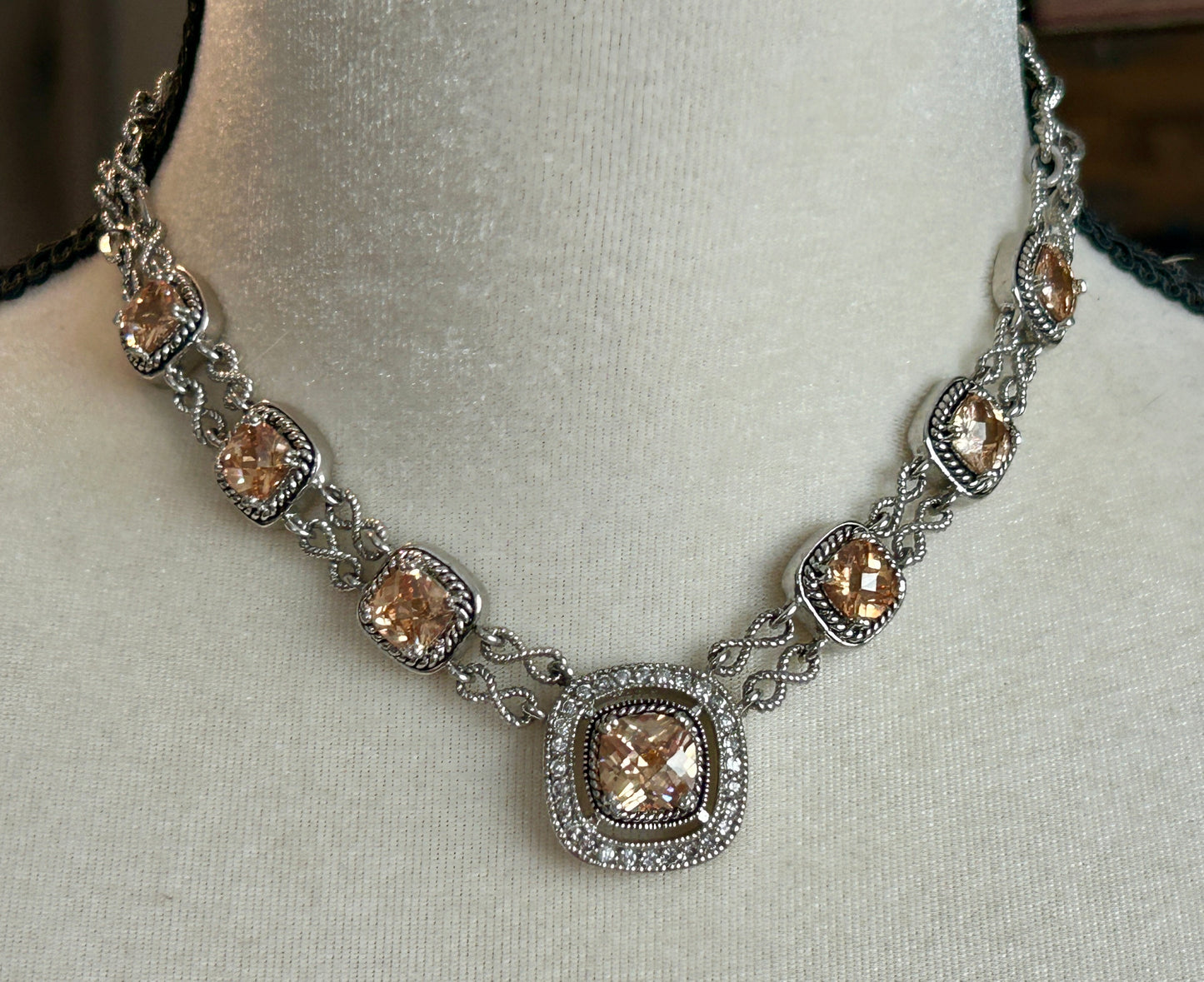 Silver Tone Chain Link Necklace Large Faceted Champagne Rhinestone Necklace