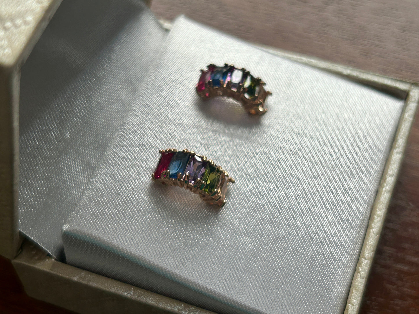 Gold Tone Emerald Cut Rainbow Cubic Zirconia Pierced Stud Earrings