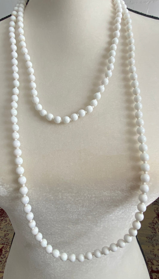 Vintage Milk Glass Opera Length Bead Necklace Bamboo Style Clasp