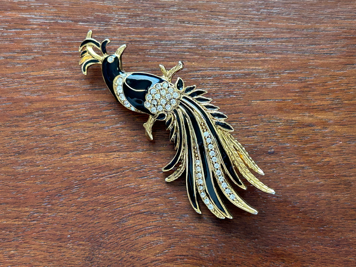 Gold Tone Black Enamel Rhinestone Bird of Paradis Large Brooch Pin