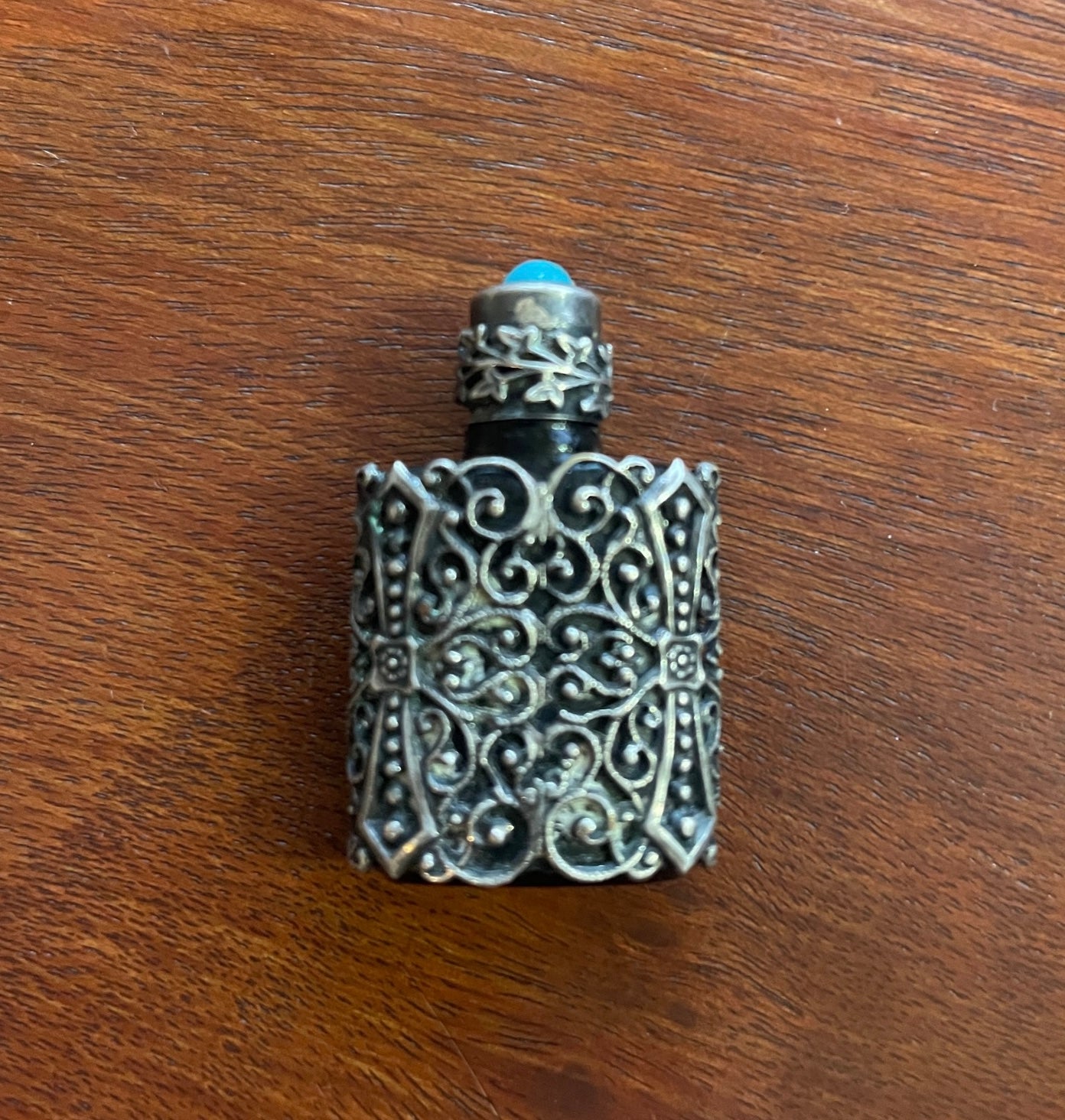 Antique Vintage Silver Overlay Turquoise Filigree Monaco Perfume Bottle Glass