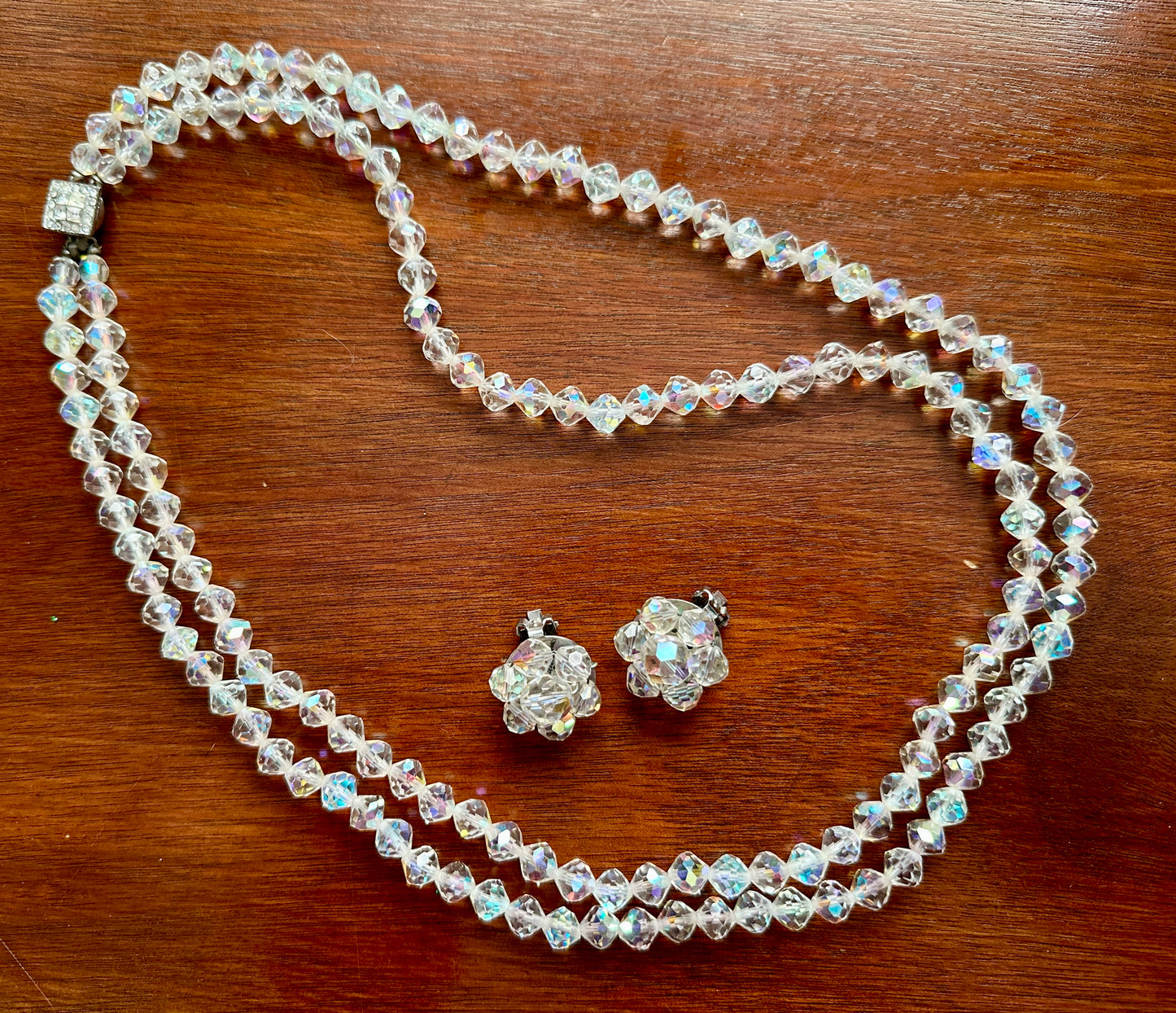 Vintage Faceted Glass AB Aurora Borealis Necklace Clip on Earrings Jewelry Set