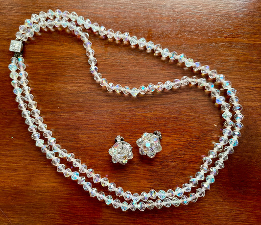 Vintage Faceted Glass AB Aurora Borealis Necklace Clip on Earrings Jewelry Set