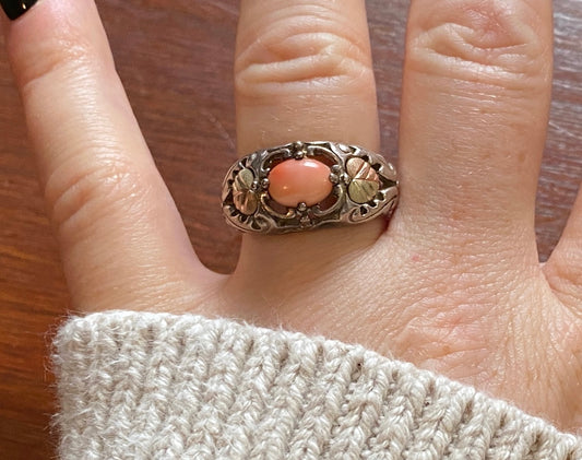 Black Hills Gold Sterling Silver 12k Gold Coral Ring Sz 8.75