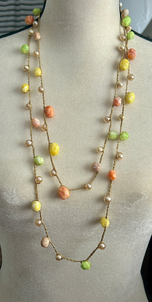 Vintage Gold Tone Chain Plastic Bead Operal Length Necklace