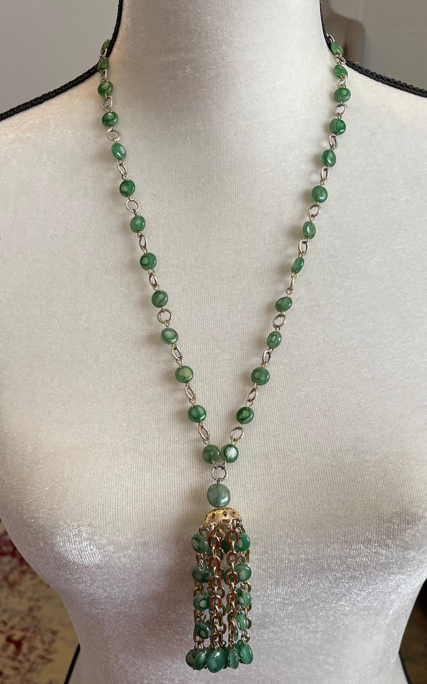 Vintage Long Gold Tone & Green Bead Tassel Necklace Hong Kong