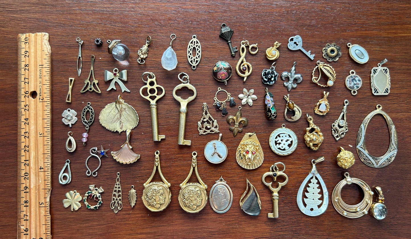 Vintage to Now Charm Pendant Lot Skeleton Key Cloissone MOP Crystal Thermoset