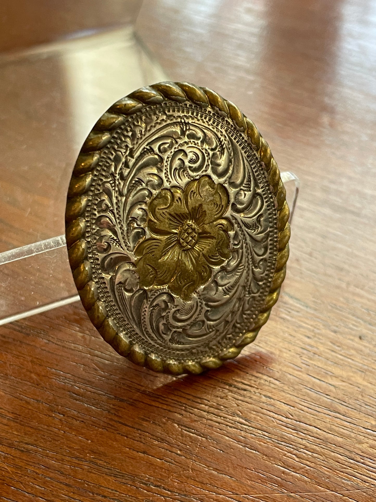 Vintage Two Tone Western Mini Belt Buckle Floral Design