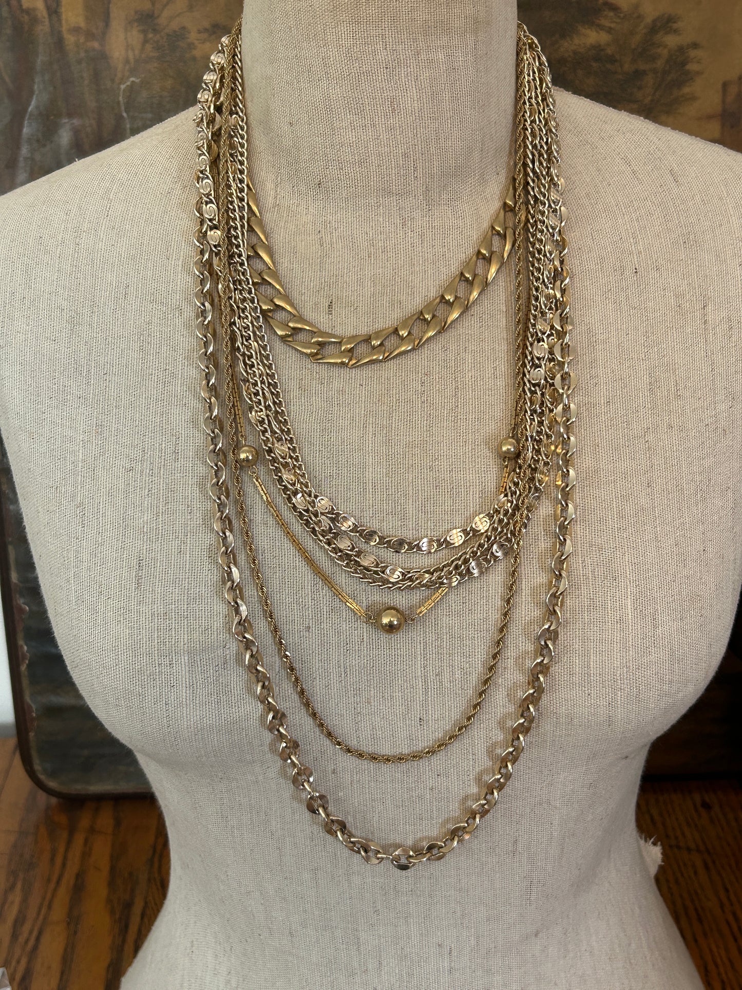 Vintage Gold Tone Necklace Bracelet Lot 80s Chain Link Ball Bead Multistrand