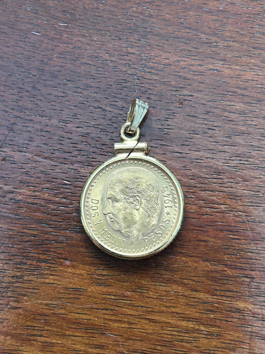 1945 Gold Dos Y Medio Pesos Coin 14k Yellow Gold Bezel Necklace Pendant Charm