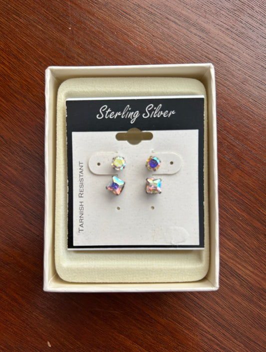 Sterling Silver 925 AB Aurora Borealis CZ Stud Earrings Box Set