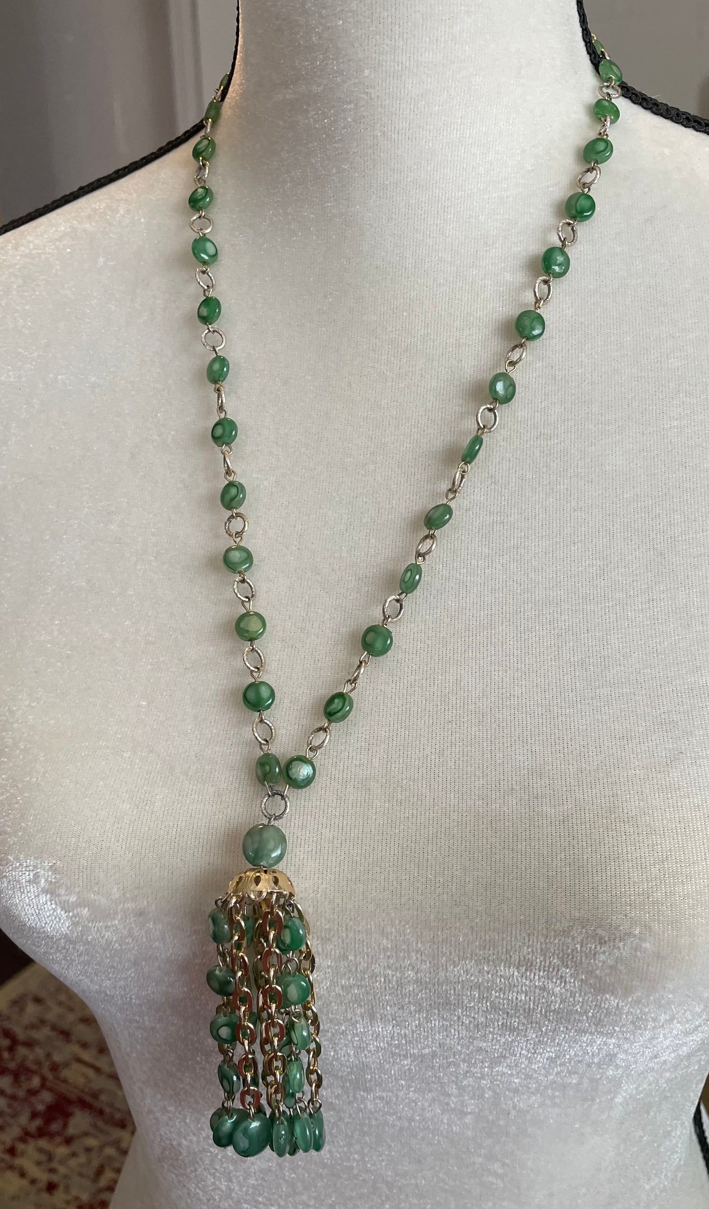 Vintage Long Gold Tone & Green Bead Tassel Necklace Hong Kong