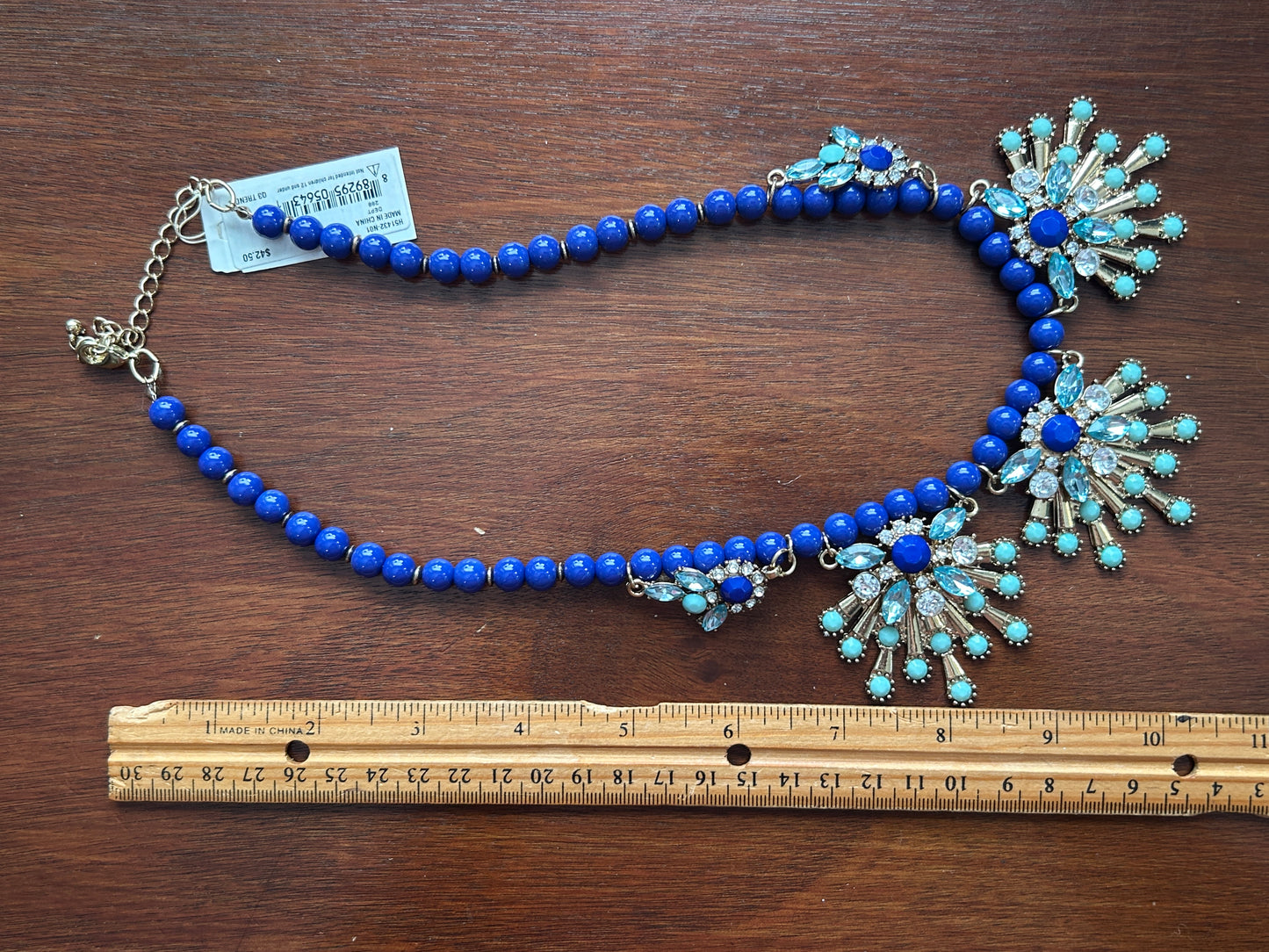 Macys Pageant Collar Necklace Blue Bead Rhinestones Gold Tone Adjustable