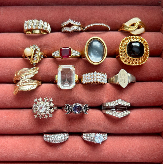 Lot of 17 Vintage to Now Costume Cocktail Rings Various Sizes Rhinestones