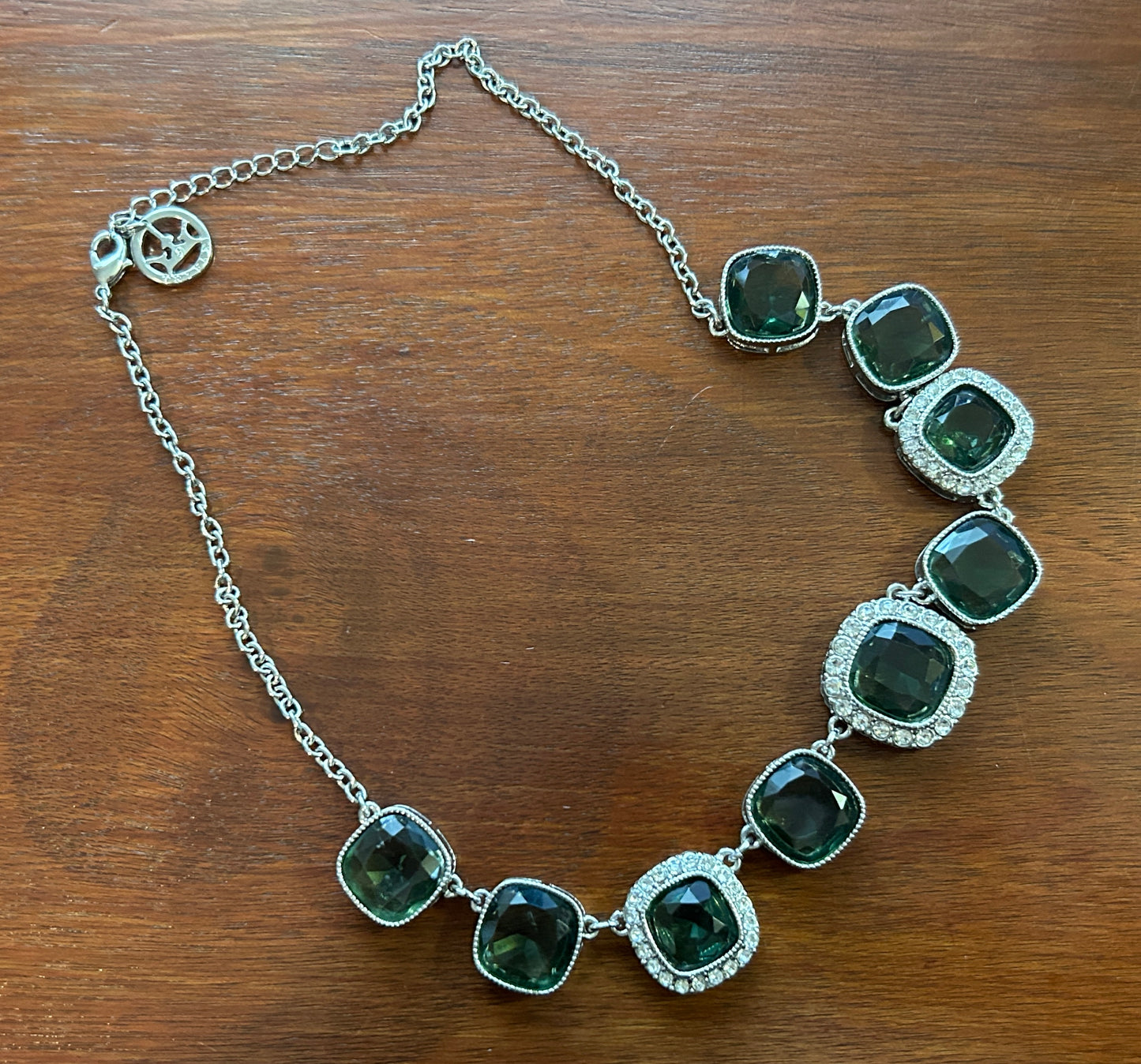 Silver Tone Trifari Large Green Faceted Crystal Necklace