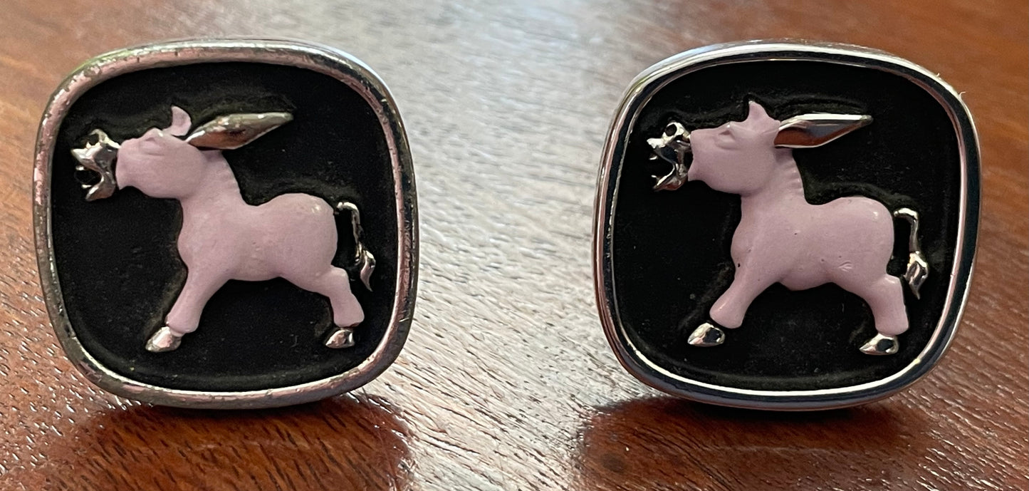 Vintage Hickok Silver Tone Black Pink Donkey Cuff Links