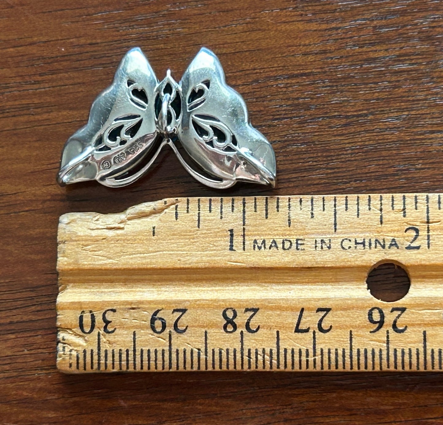 Signed AU Sterling Silver 925 Teal Blue Rhinestone Butterfly Slide Pendant